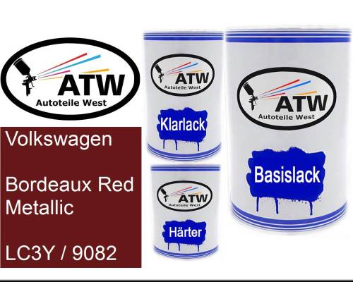 Volkswagen, Bordeaux Red Metallic, LC3Y / 9082: 500ml Lackdose + 500ml Klarlack + 250ml Härter - Set, von ATW Autoteile West.